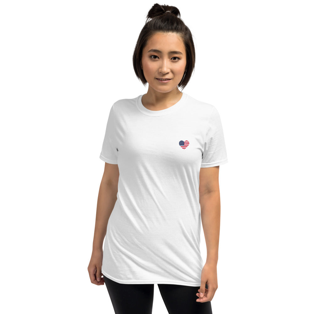 Women's Heart T-Shirt Red, White, Blue wording